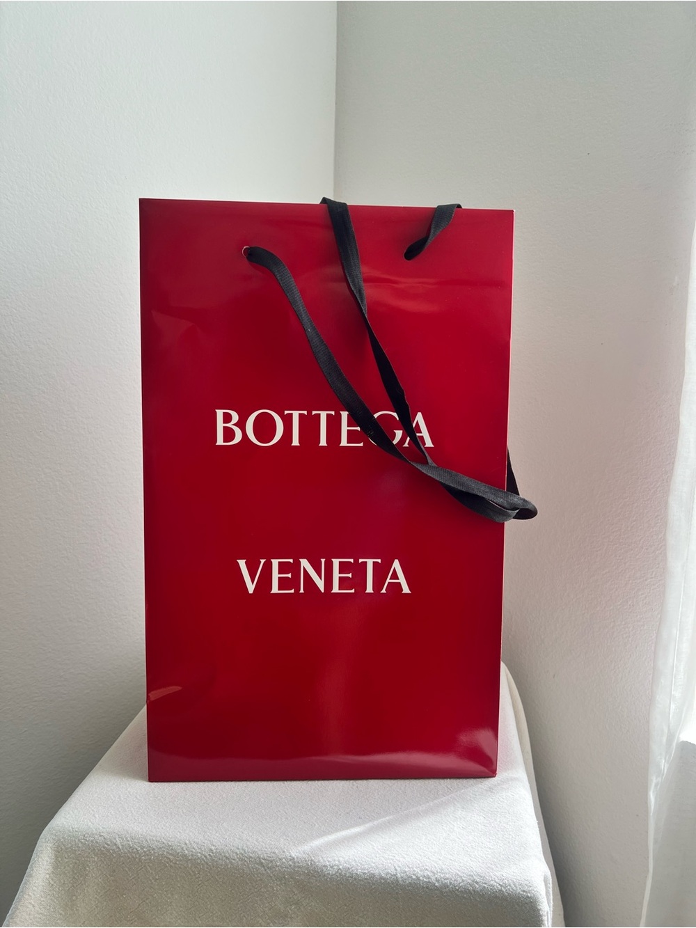 Bottega Veneta Red Gift Tote with Black Ribbon Handles 19x12x6